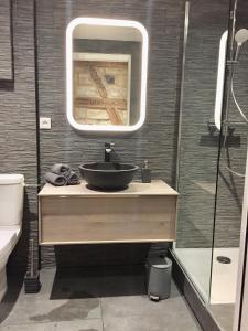 La salle de bains est pourvue d'un lavabo avec miroir et d'une douche. dans l'établissement Carpe Diem Home - Au pied de la Cathédrale, à Strasbourg