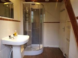 uma casa de banho com um lavatório e um chuveiro em Villa Gracieuse em Luchon