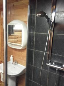 a bathroom with a shower and a sink and a mirror at Chalet Le Paradou Adults only in Lessive