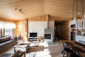 a living room with a couch and a fireplace at Villa Vahtivuori in Rantasalmi