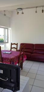een woonkamer met een bank, een tafel en een tv bij T3 WALIBI in Estillac