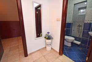 W łazience znajduje się toaleta i przeszklony prysznic. w obiekcie Kezman Apartment w mieście Herceg Novi