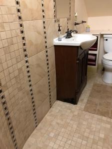 a bathroom with a sink and a shower with a toilet at Antique Mansion B & B in Rutland