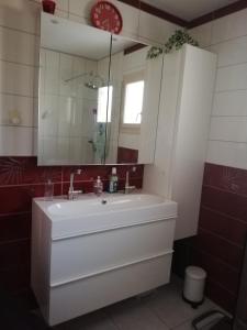 uma casa de banho com um lavatório branco e um espelho. em Chambre privée calme,campagne, piscine,étape,déplacement pro,abri moto vélo,parking em Vaux-sur-Vienne