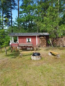 a red cabin with a picnic table and a fire pit at Holiday Home Småland in Fågelfors