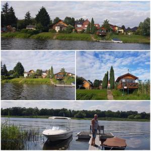 dos fotos de una casa y un barco en un río en Havel-Pension Kruse, en Havelberg