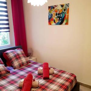 1 dormitorio con 2 camas individuales y edredones rojos en Casa Salon T2 Centre historique Wifi Climatisation, en Salon-de-Provence