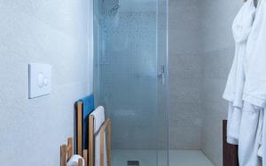una doccia con porta in vetro in bagno di Alojamiento San Nicolas a Úbeda