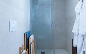 a shower with a glass door in a bathroom at Alojamiento San Nicolas in Úbeda