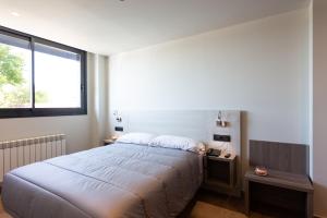 a hotel room with a bed and a desk at Apartamentos Playa De Los Barcos in Isla
