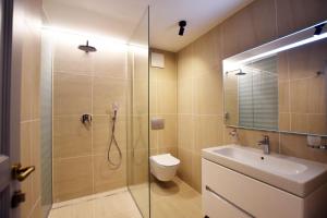 La salle de bains est pourvue d'une douche, de toilettes et d'un lavabo. dans l'établissement Bed&Breakfast Monte Rosso, à Poreč