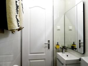 德拉辛歇的住宿－Hrstich Apartments，浴室设有玻璃淋浴间和水槽