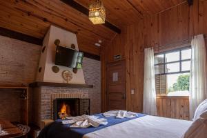 a bedroom with a bed with a fireplace and a tv at Pousada Bem-te-vi in Monte Verde