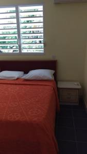 1 dormitorio con cama roja y ventana en residence cattanies, en Sainte-Anne