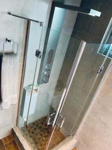 a shower with a glass door in a bathroom at Modern Suite #0 - best location in Aguadilla