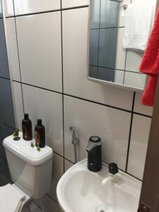a bathroom with a toilet and a sink and a mirror at Apto Floramar in Belo Horizonte +19 photos