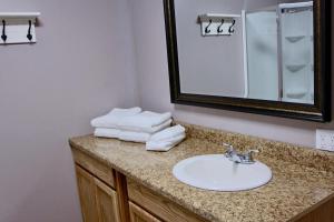 La salle de bains est pourvue d'un lavabo, d'un miroir et de serviettes. dans l'établissement Arctic Dragonfly Inn, à Healy