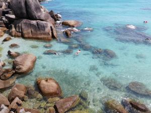 Un groupe de gens nageant dans l'eau près des rochers dans l'établissement Crystal Bay Beach Resort, à Lamai