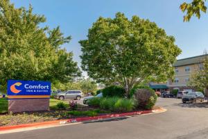 un letrero para una posada confort plaza con aparcamiento en Comfort Inn & Suites Fayetteville-University Area, en Fayetteville