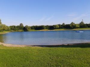 a large lake with a boat in the middle at Landhotel Grätz in Emmering