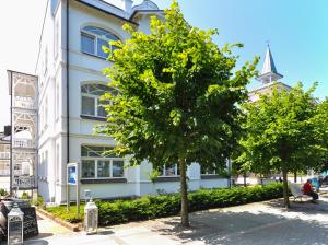 a tree in front of a building with a church at Villa Gudrun by Unsere Urlaubszeit in Binz
