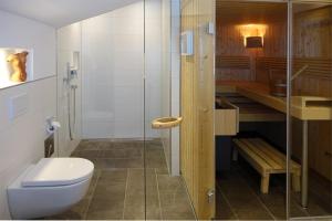 a bathroom with a toilet and a glass shower at Ferienwohnungen Schmidbauer in Fischen +22 photos