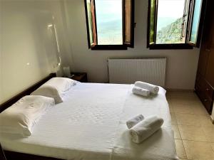 馬克里尼察的住宿－Traditional House Makrinitsa，卧室配有带毛巾的大型白色床