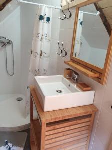 een badkamer met een witte wastafel en een spiegel bij BERGERIE GRANGE DES 3 CIRQUES TROUMOUSE GAVARNIE ESTAUBE 4 personnes in Gavarnie