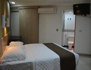 um quarto com uma cama e uma casa de banho com um WC em Hotel Domus Itabira em Itabira