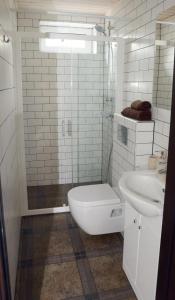 a white bathroom with a toilet and a sink at Smėlio Apartamentai in Anykščiai