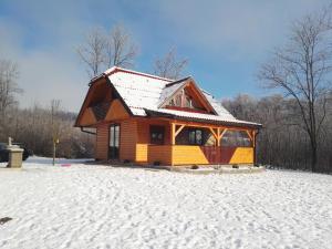 a small house with snow on the ground at Brunarica Lorentia in Bizeljsko