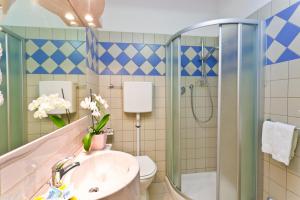 La salle de bains est pourvue d'un lavabo et d'une douche. dans l'établissement Hotel Rosso Blu, à Cesenatico