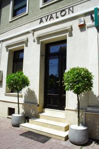 un edificio con una puerta y dos árboles delante en Avalon Rooms, en Oradea