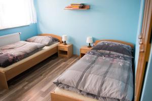 2 Betten in einem Schlafzimmer mit blauen Wänden und Holzböden in der Unterkunft Penzion Veritas in Vranovice