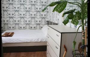ノヴォシビルスクにあるApartment on Dusi Kovalchuk 272/4の小さなベッドルーム(ベッド1台、植物付)