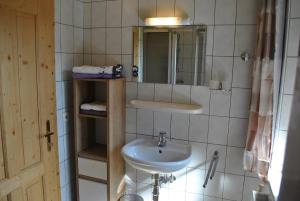 een badkamer met een wastafel en een spiegel bij Familienbauernhof Glockriegl in Lunz am See +30 foto's