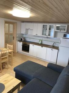 a living room with a blue couch and a kitchen at Apartmány Michaela in Abertamy