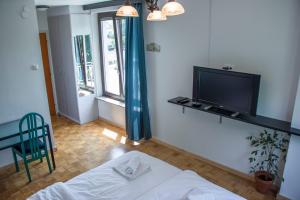 Schlafzimmer mit einem Bett, einem TV und einem Fenster in der Unterkunft Guest House Park Žibert in Ljubljana
