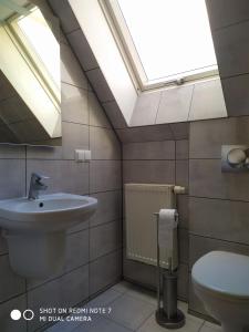 a bathroom with a sink and a toilet and a skylight at Dom pod Wilczym Groniem in Rajcza +23 photos