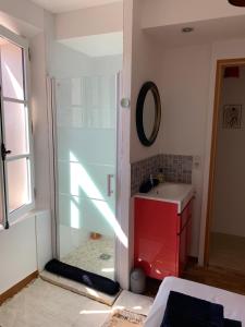 a bathroom with a shower and a sink and a mirror at LES CIGALES in L'Isle-sur-la-Sorgue