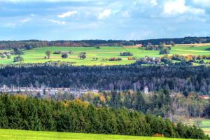 a green hillside with trees and a town in the distance at Boarding & HOUSE T24 in Bad Wurzach
