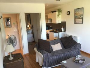 uma sala de estar com um sofá e uma cozinha em La Barthe Haute em Puycalvel Lautrec