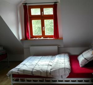 Bett in einem Zimmer mit Fenster in der Unterkunft DWOREK PRZY ŚWIDWIU - Piętro in Tanowo