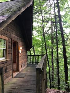 a cabin with a wooden walkway in the woods at Gatlinburg Adventure Cabins in Sevierville
