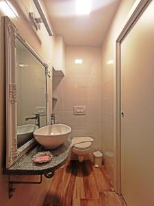 uma casa de banho com um lavatório, um WC e um espelho. em Ribiška hiša - Old Piran Fisherman's House em Piran
