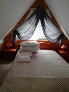 a bedroom with a bed with a mosquito net at DOMEK ROZTOCZE in Zwierzyniec
