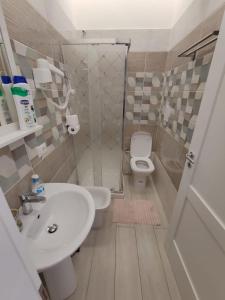 een badkamer met een douche, een wastafel en een toilet bij Domus San Biagio 14 in Napels