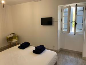 a bedroom with a bed and a tv on the wall at LES LAURIERS in LʼIsle-sur-la-Sorgue