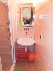 a small bathroom with a sink and a mirror at APARTMÁN BERAN in Rokytnice nad Jizerou