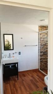 a bathroom with a white sink and a shower at Cabañas villa de San Miguel in Huasca de Ocampo +53 photos